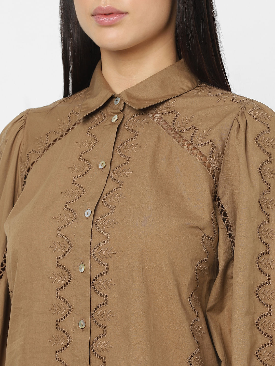Brown Schiffli Cotton Shirt