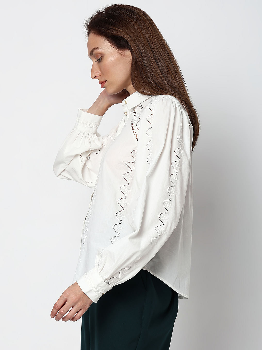 White Schiffli Detail Cotton Shirt