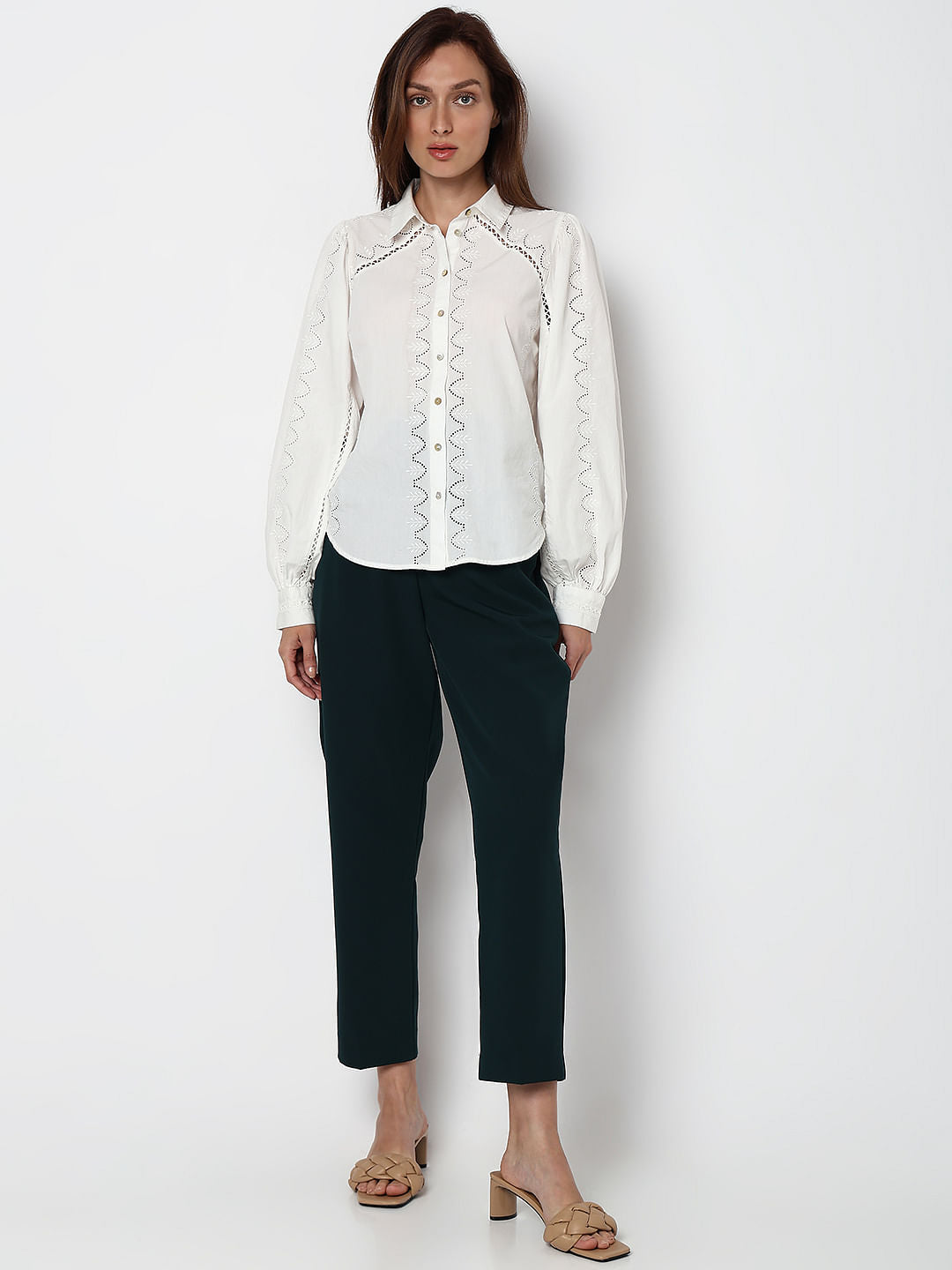White Schiffli Detail Cotton Shirt