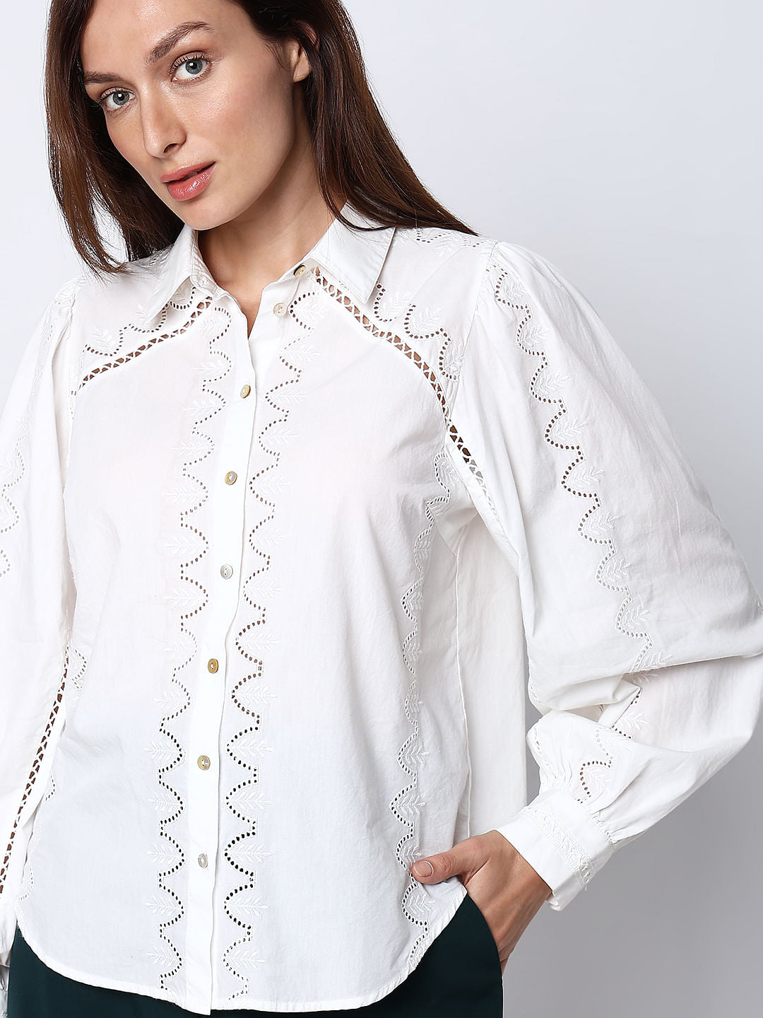 White Schiffli Detail Cotton Shirt