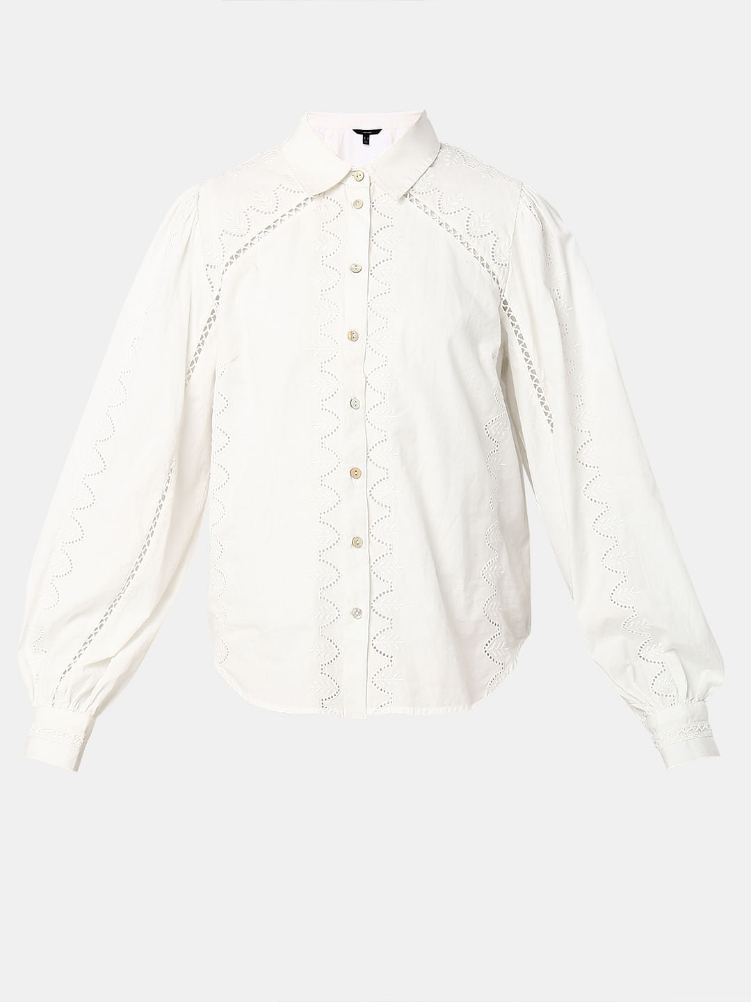 White Schiffli Detail Cotton Shirt