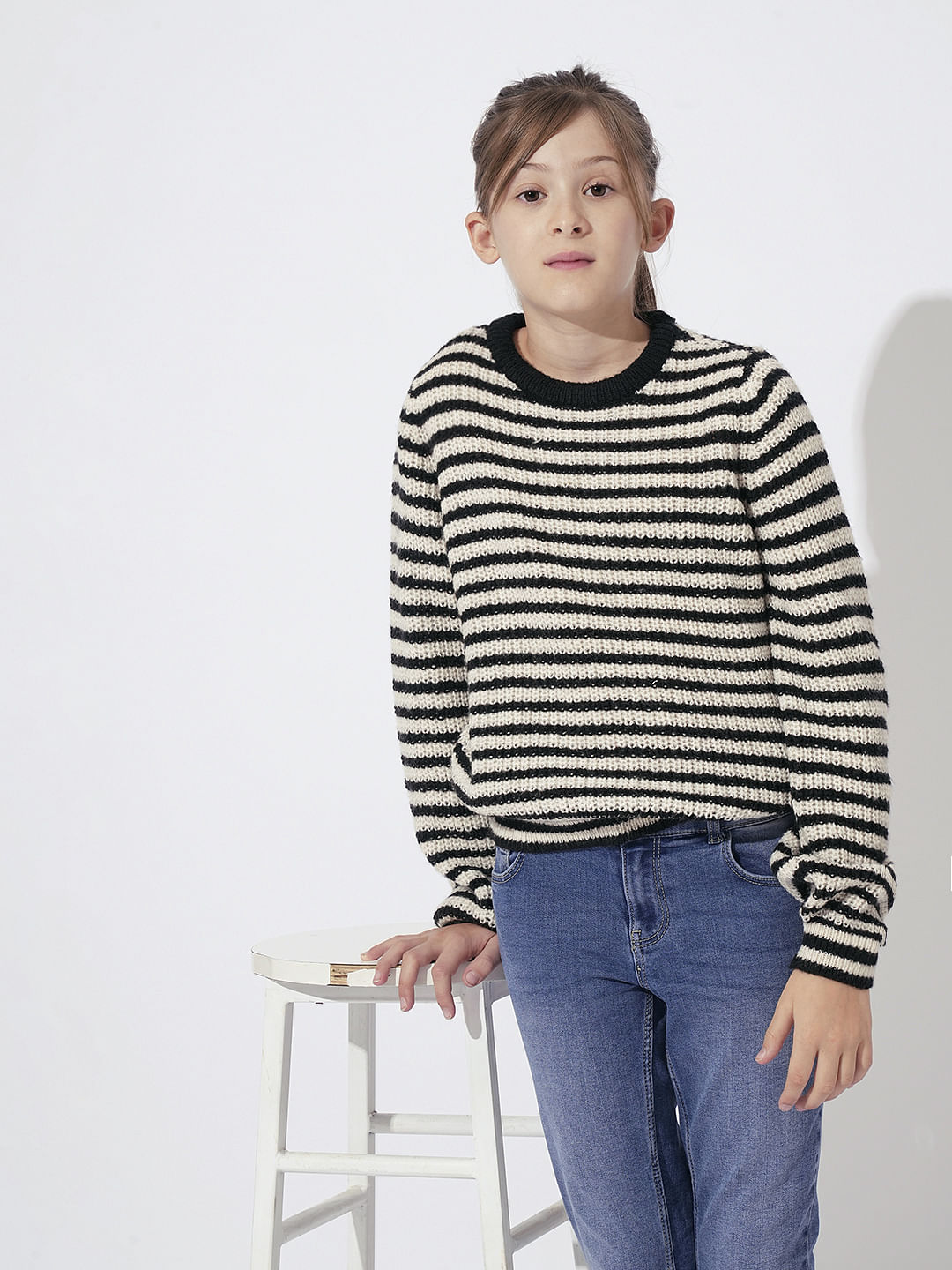 Girls Black Horizontal Striped Pullover