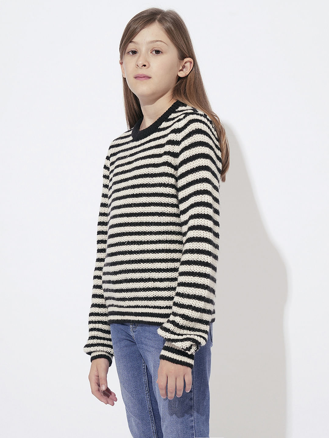 Girls Black Horizontal Striped Pullover