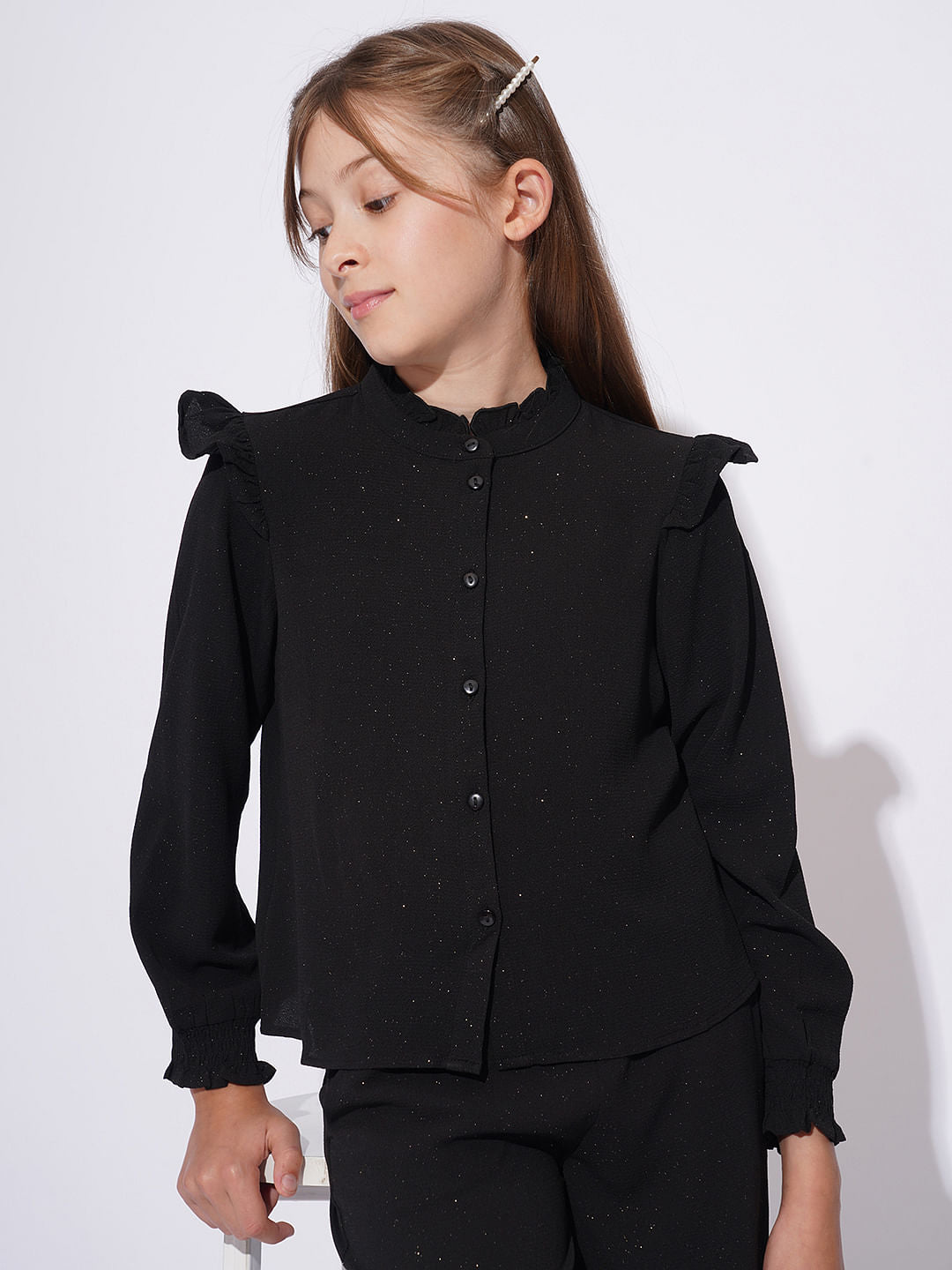 Girls Black Shimmer Co-Ord Set Shirt