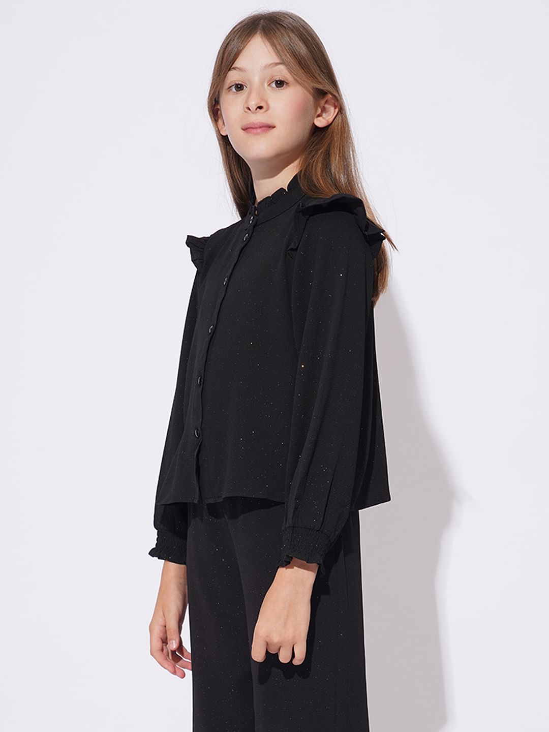 Girls Black Shimmer Co-Ord Set Shirt