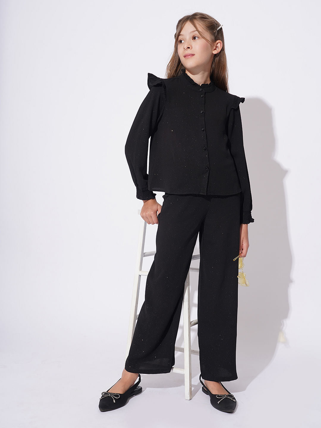 Girls Black Shimmer Co-Ord Set Shirt