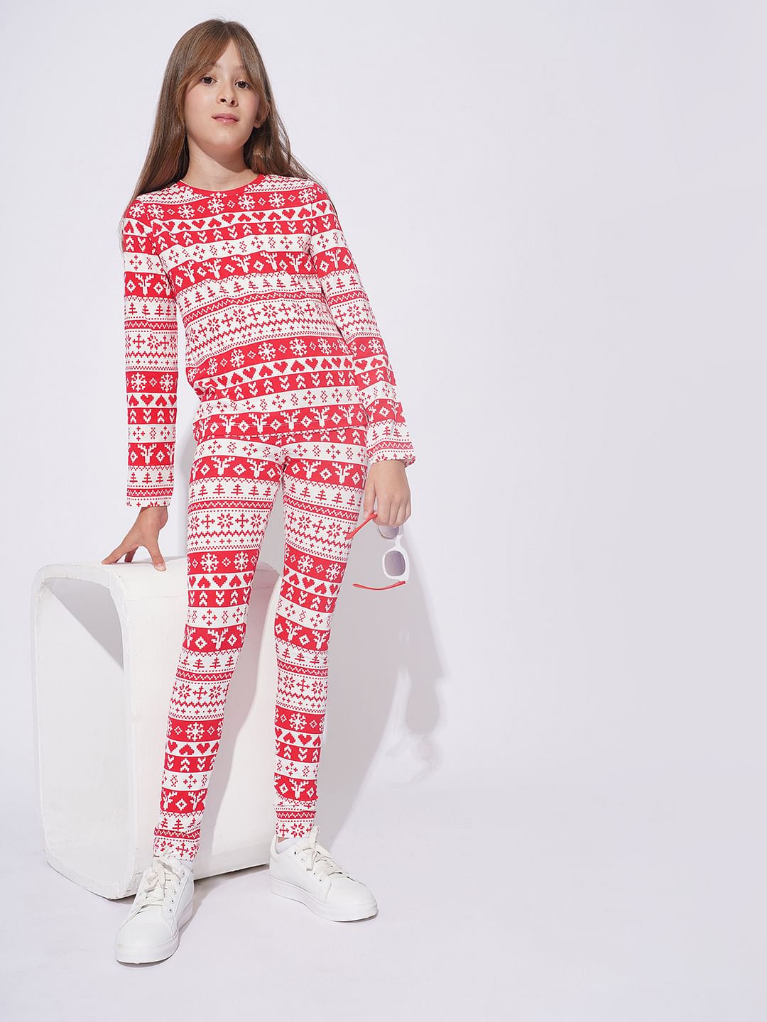 Girls Red Christmas Printed Co-Ord Set