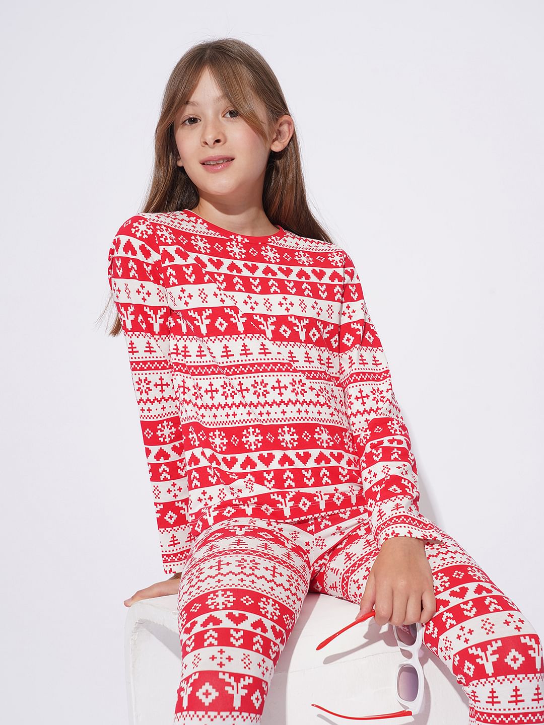 Girls Red Christmas Printed Co-Ord Set