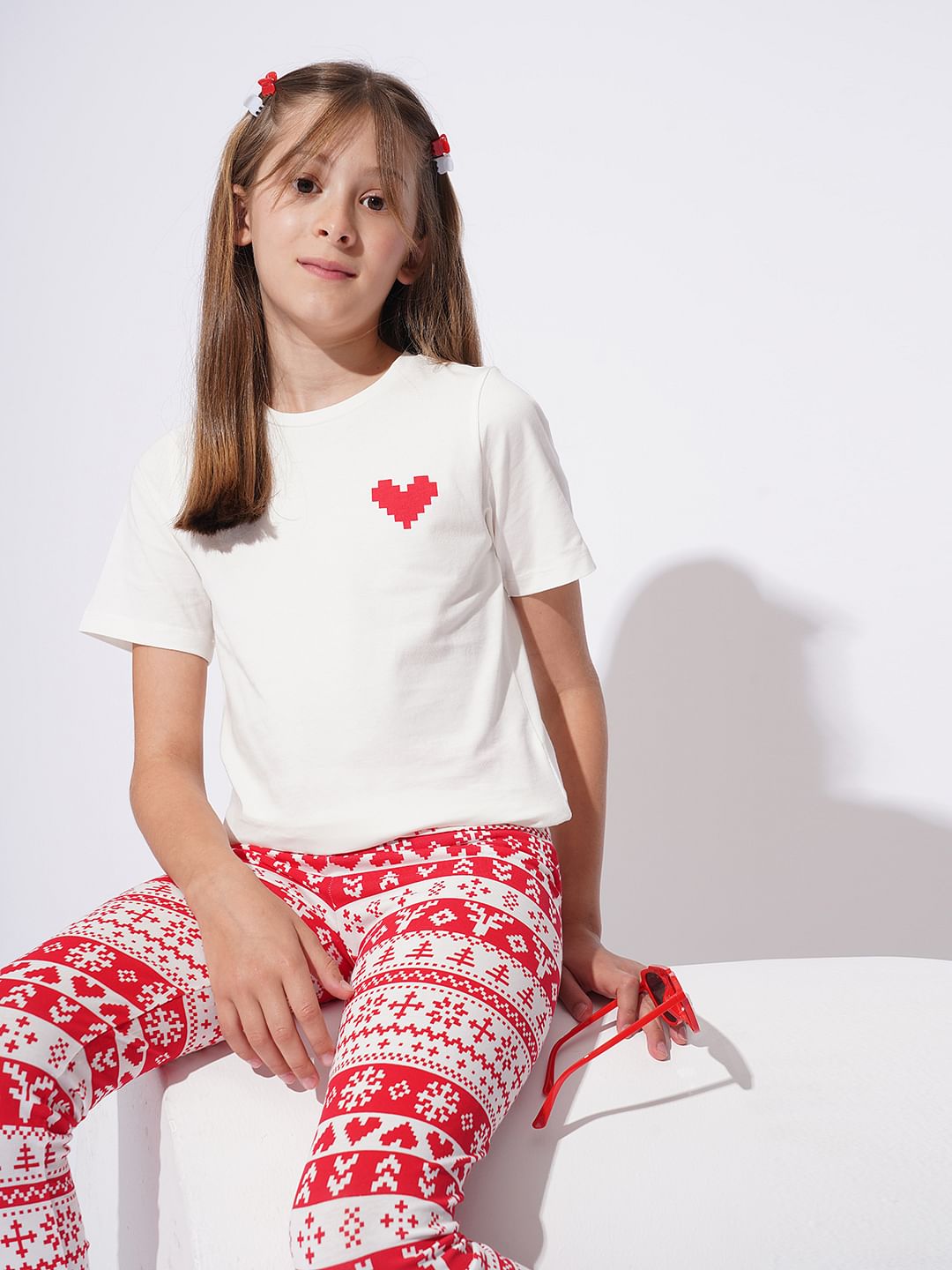 Girls White & Red Christmas Printed Co-Ord Set