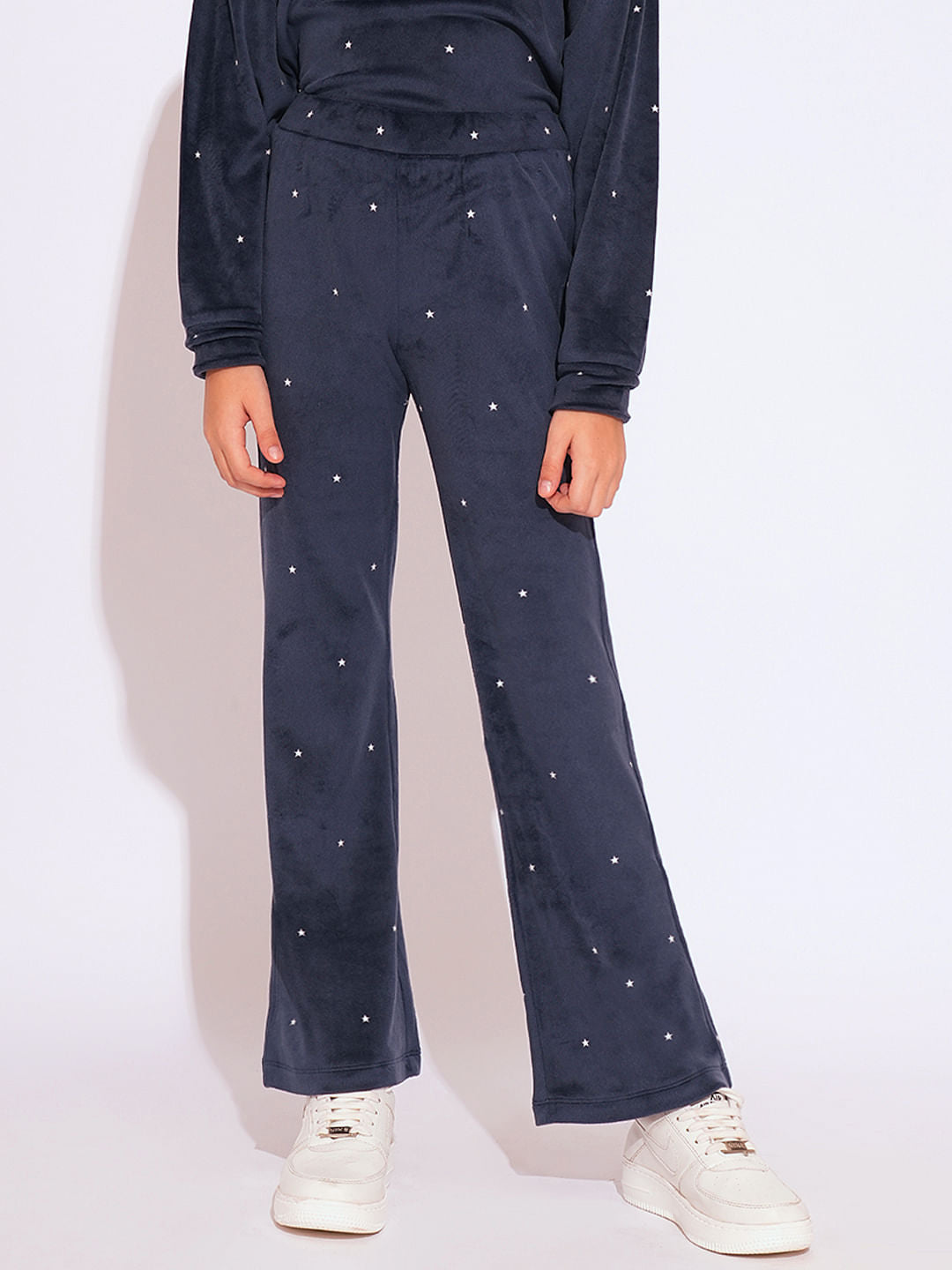 Girls Blue Printed Co-Ord Set Flared Pant