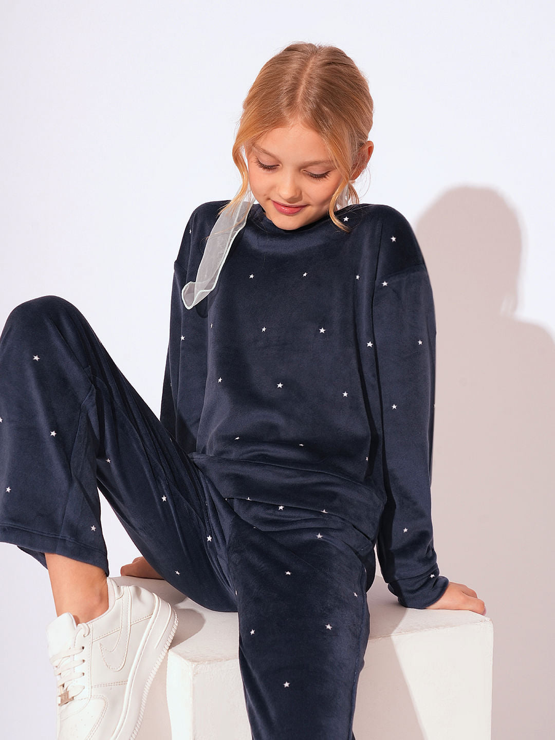 Girls Blue Velvet Co-Ord Set Top