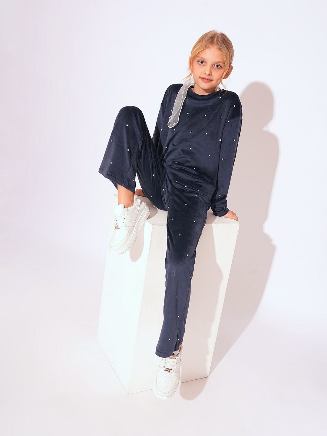 Girls Blue Velvet Co-Ord Set Top