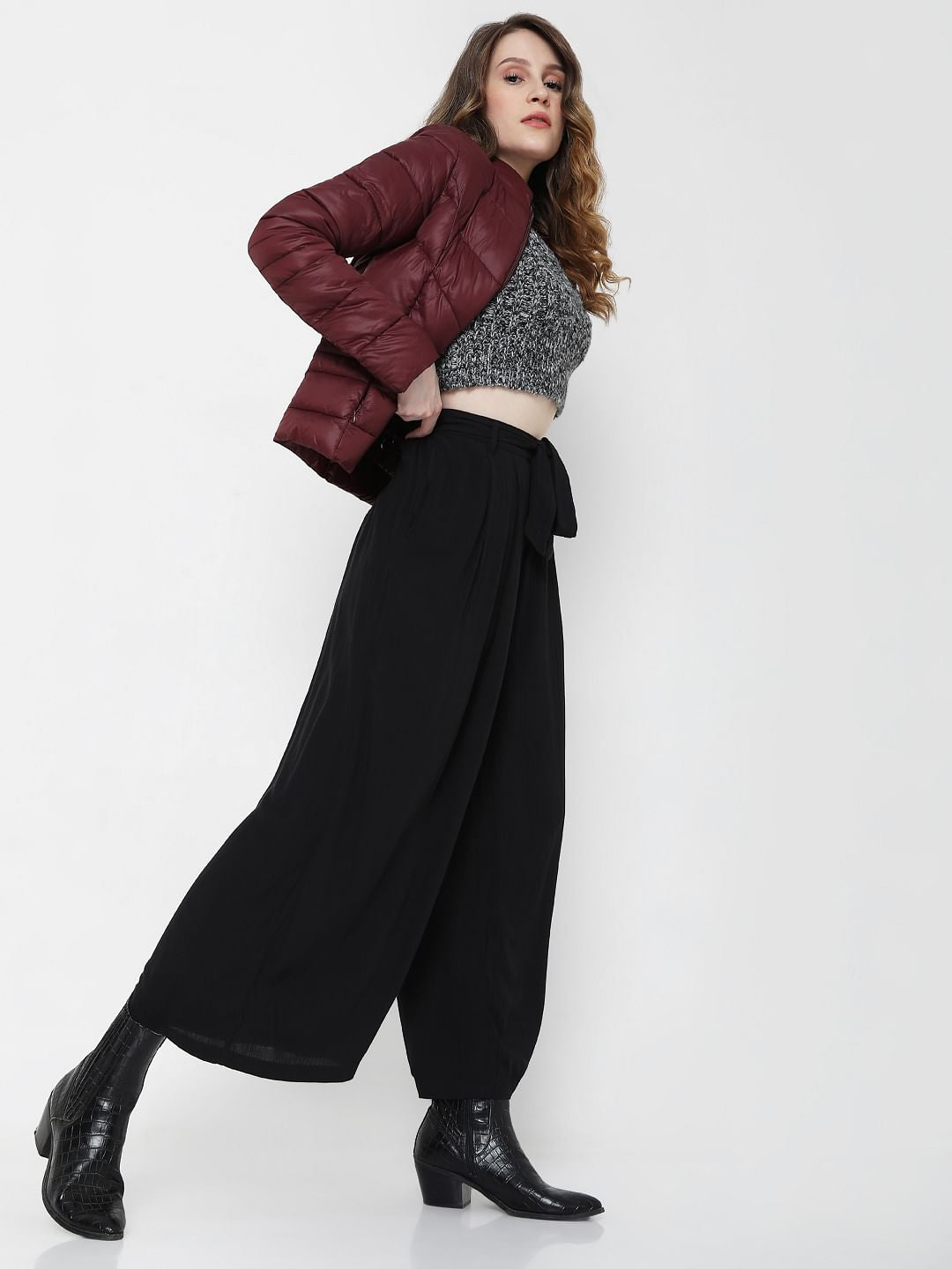 Black High Rise Tie Up Palazzo Pants