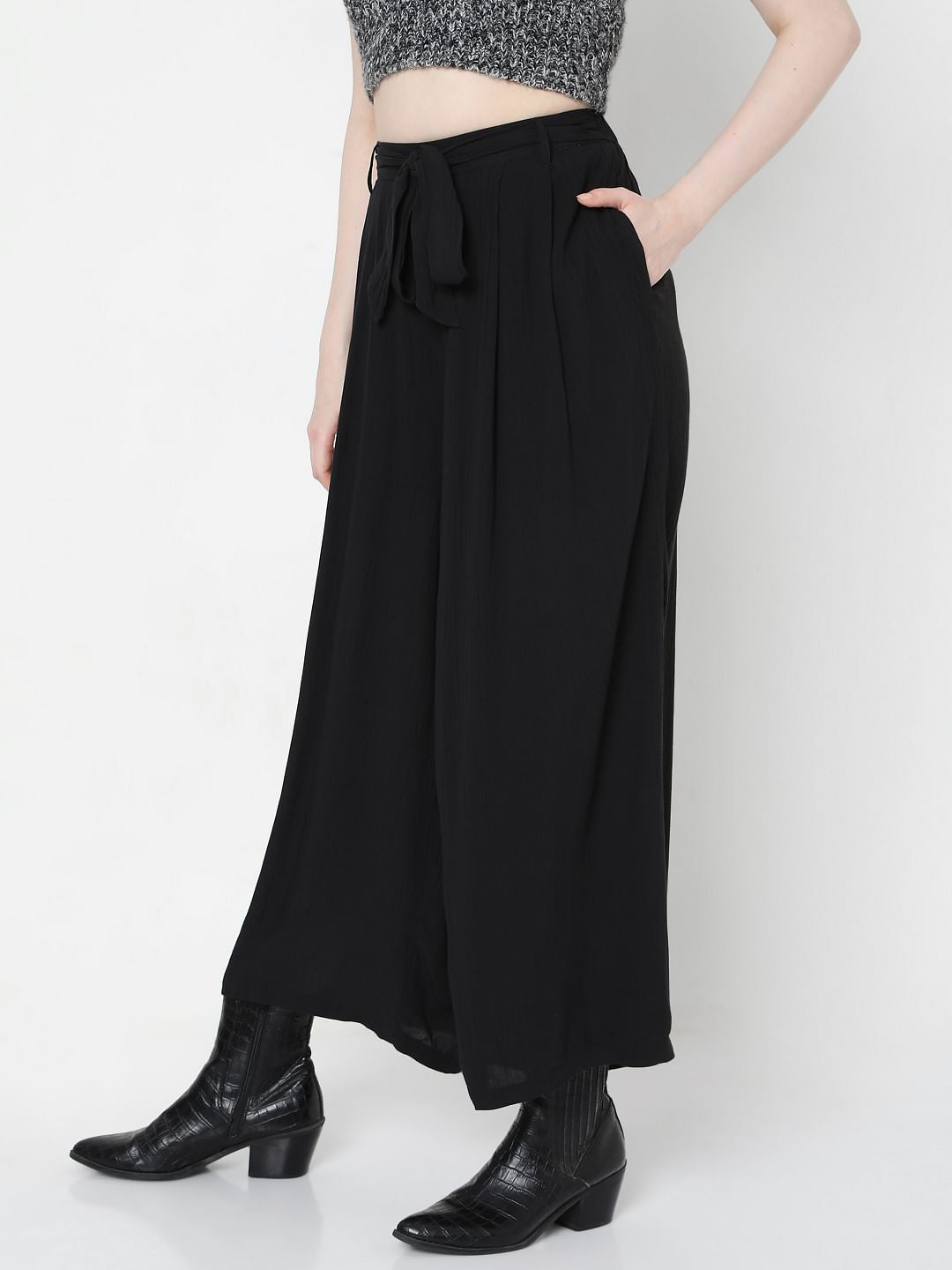 Black High Rise Tie Up Palazzo Pants