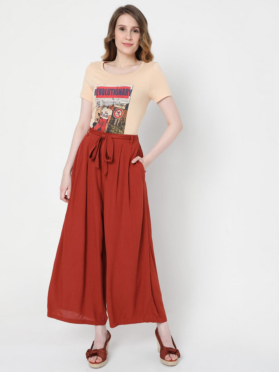 Brick Red High Rise Tie Up Palazzo Pants