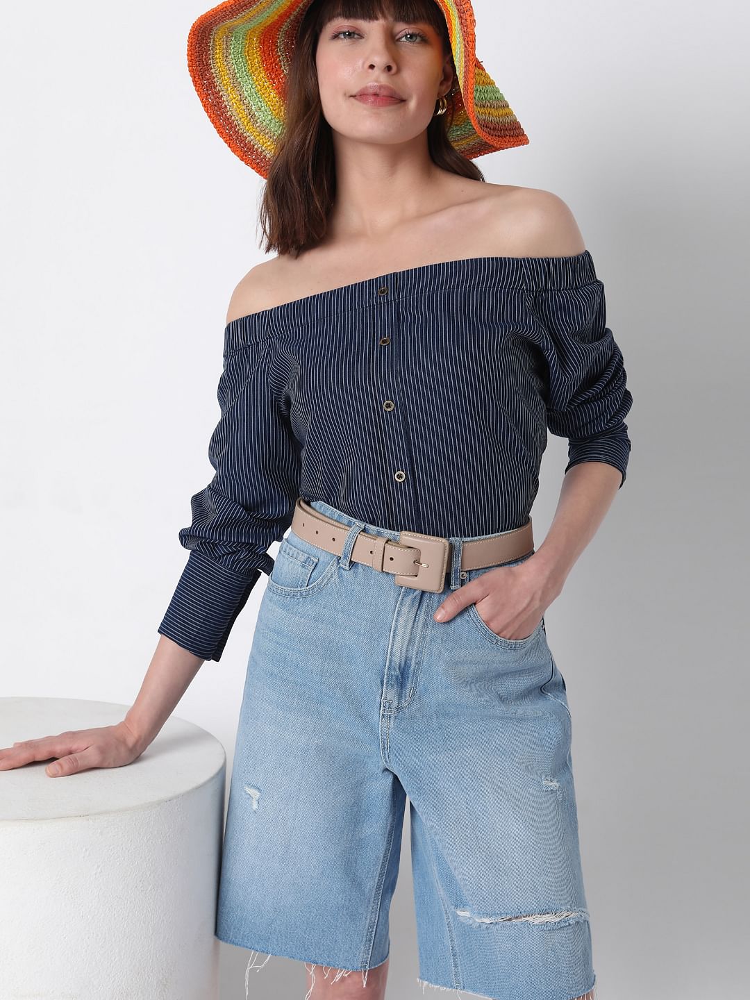 Blue Off Shoulder Striped Top