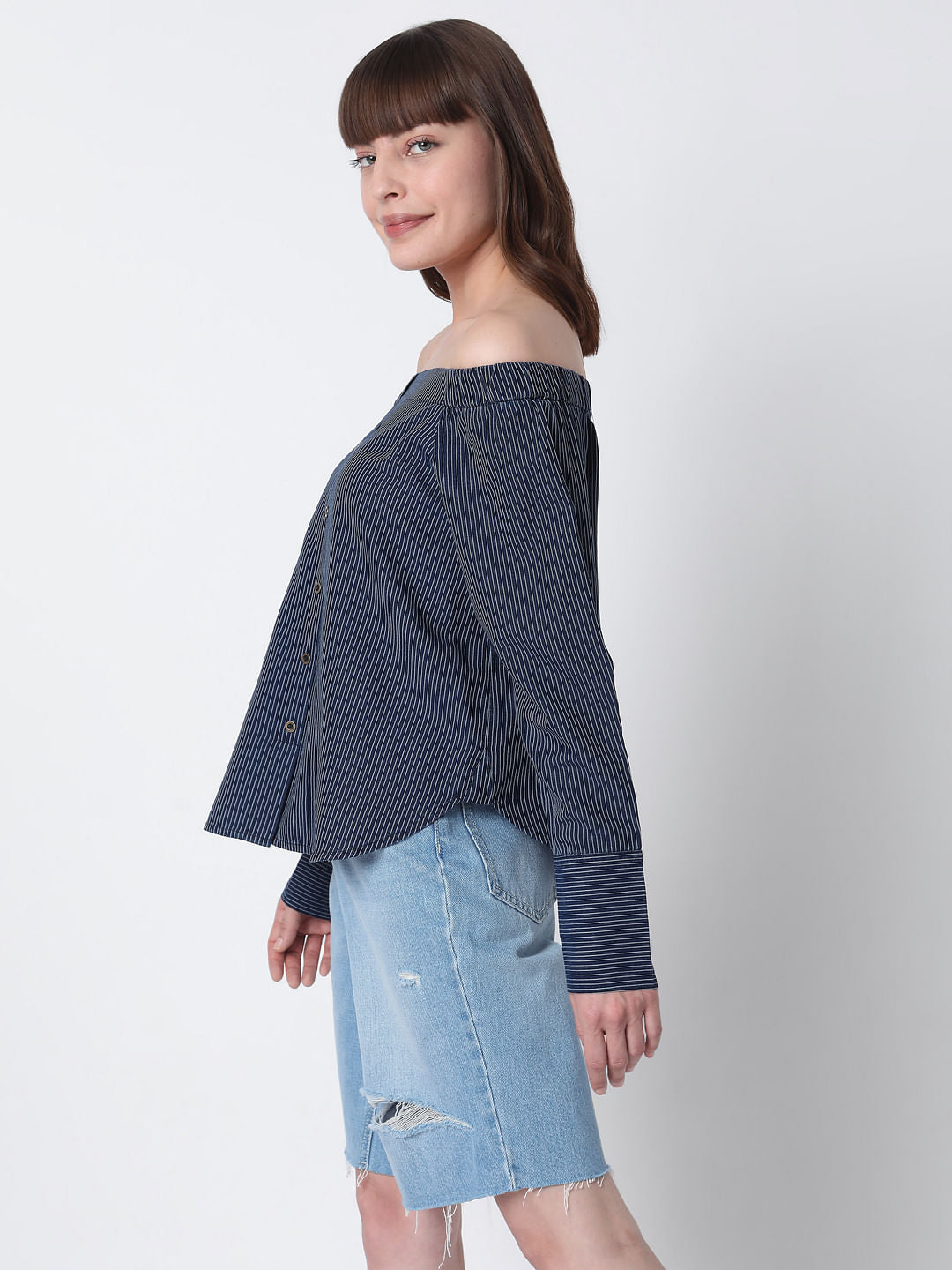 Blue Off Shoulder Striped Top