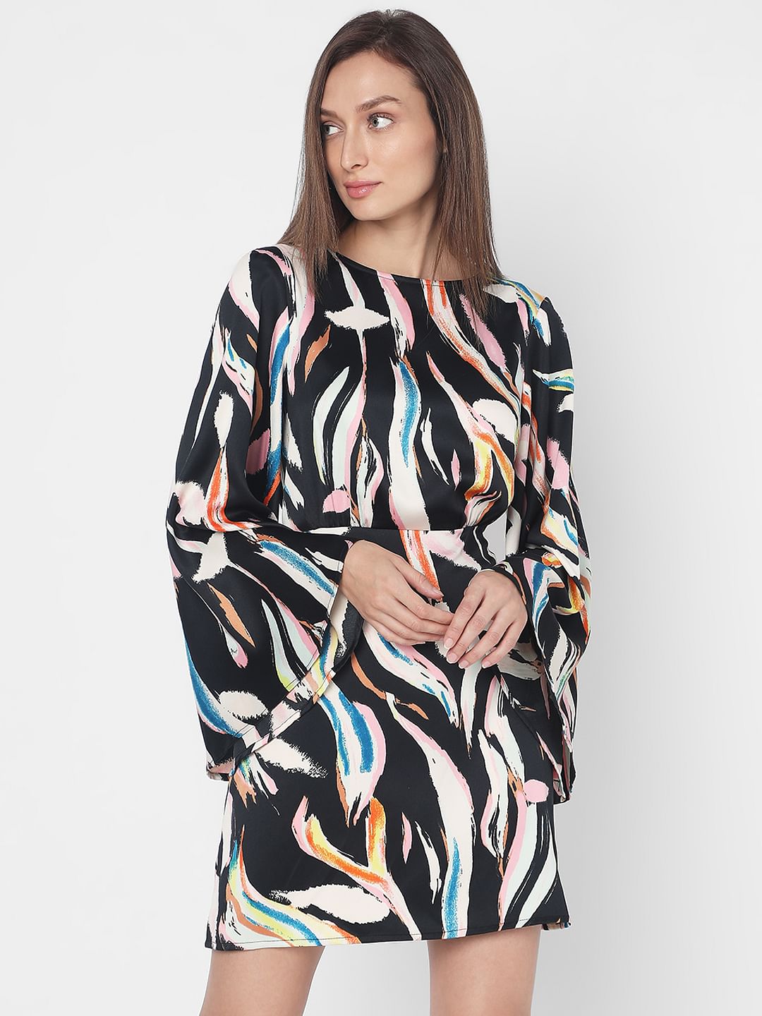 Black Satin Printed Shift Dress