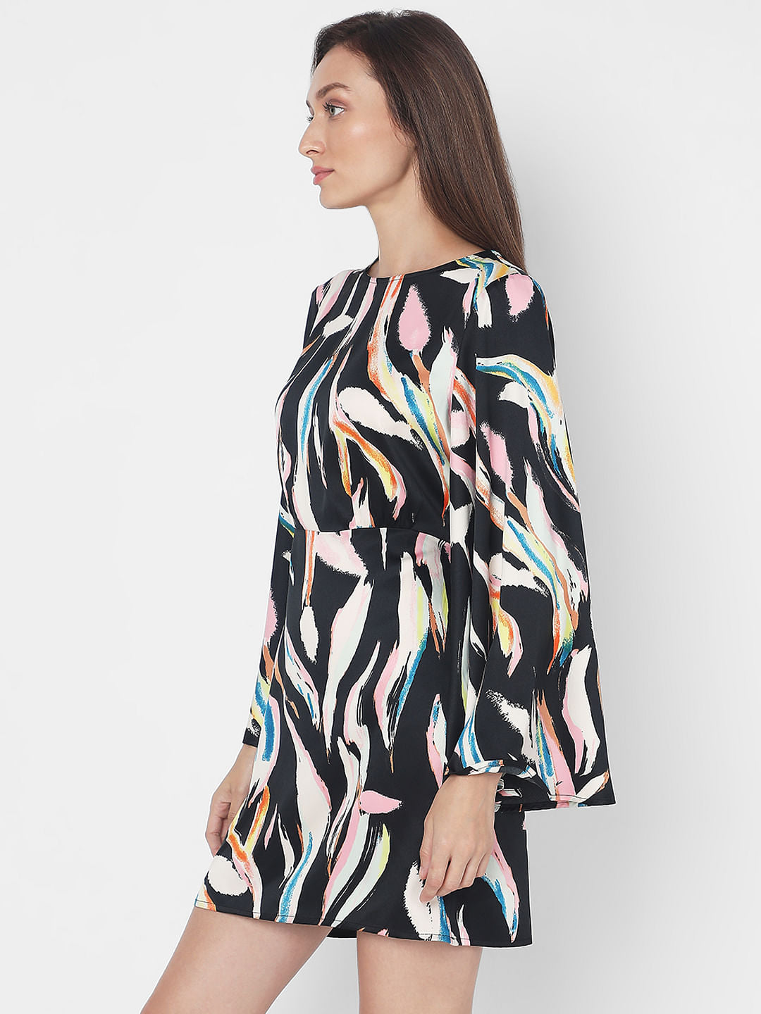 Black Satin Printed Shift Dress