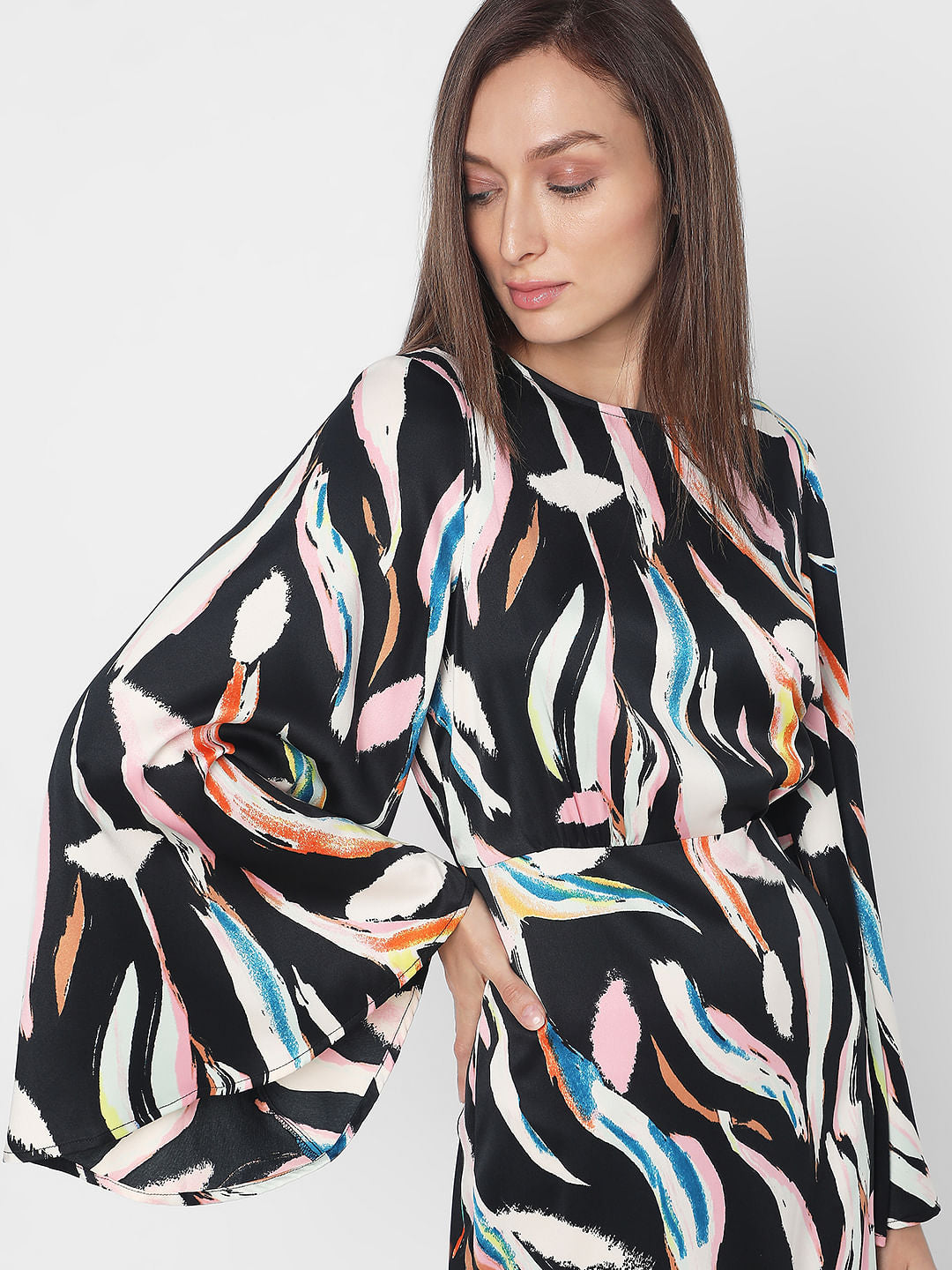 Black Satin Printed Shift Dress