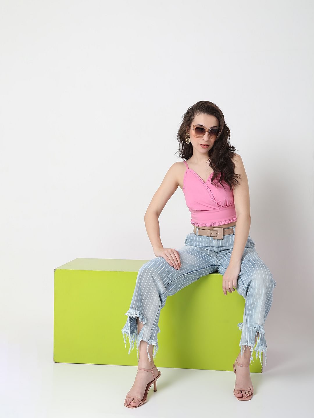 Light Blue Striped Zoey Wide-Leg Jeans