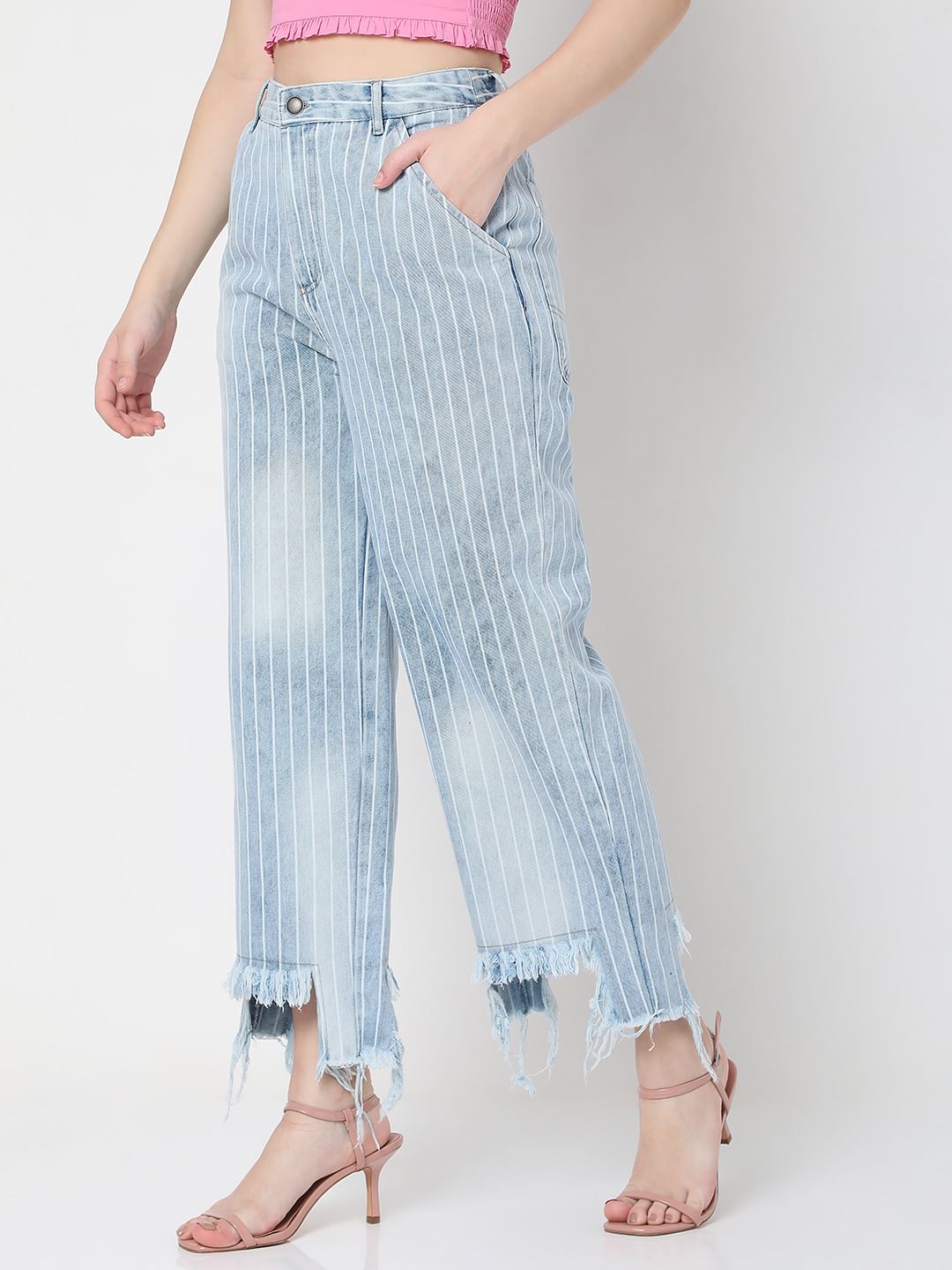 Light Blue Striped Zoey Wide-Leg Jeans