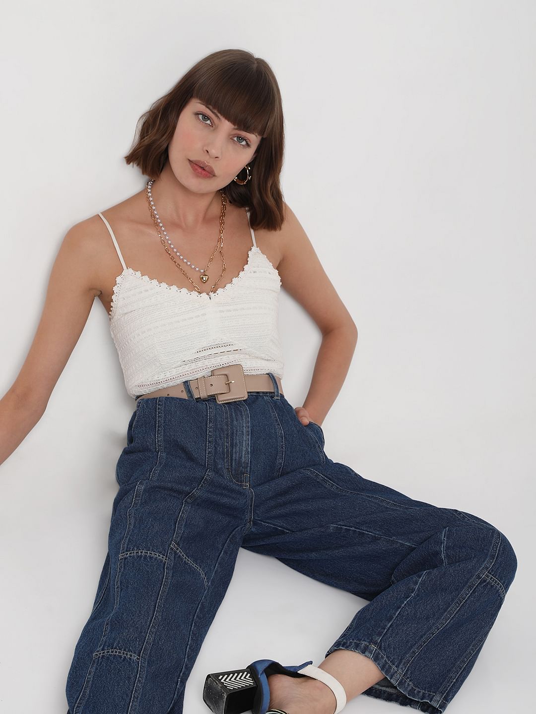 Dark Blue High Rise Straight Fit Denim Pants