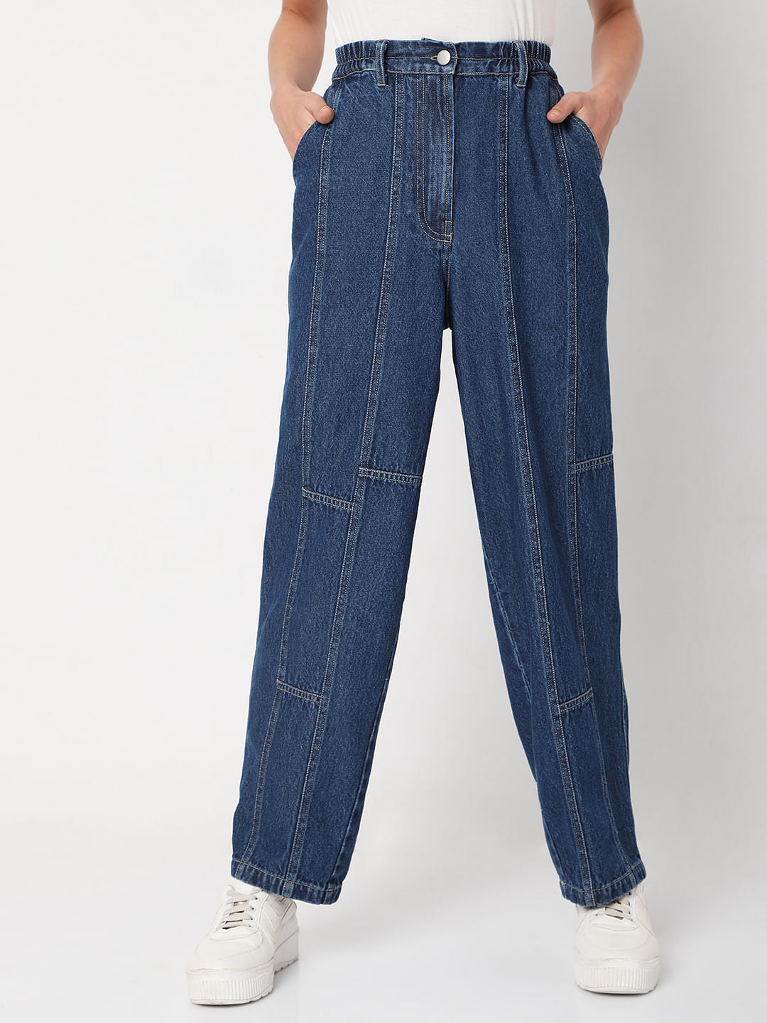 Dark Blue High Rise Straight Fit Denim Pants