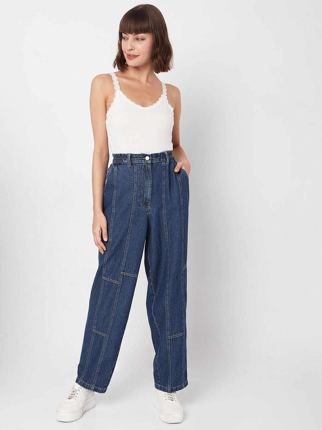 Dark Blue High Rise Straight Fit Denim Pants