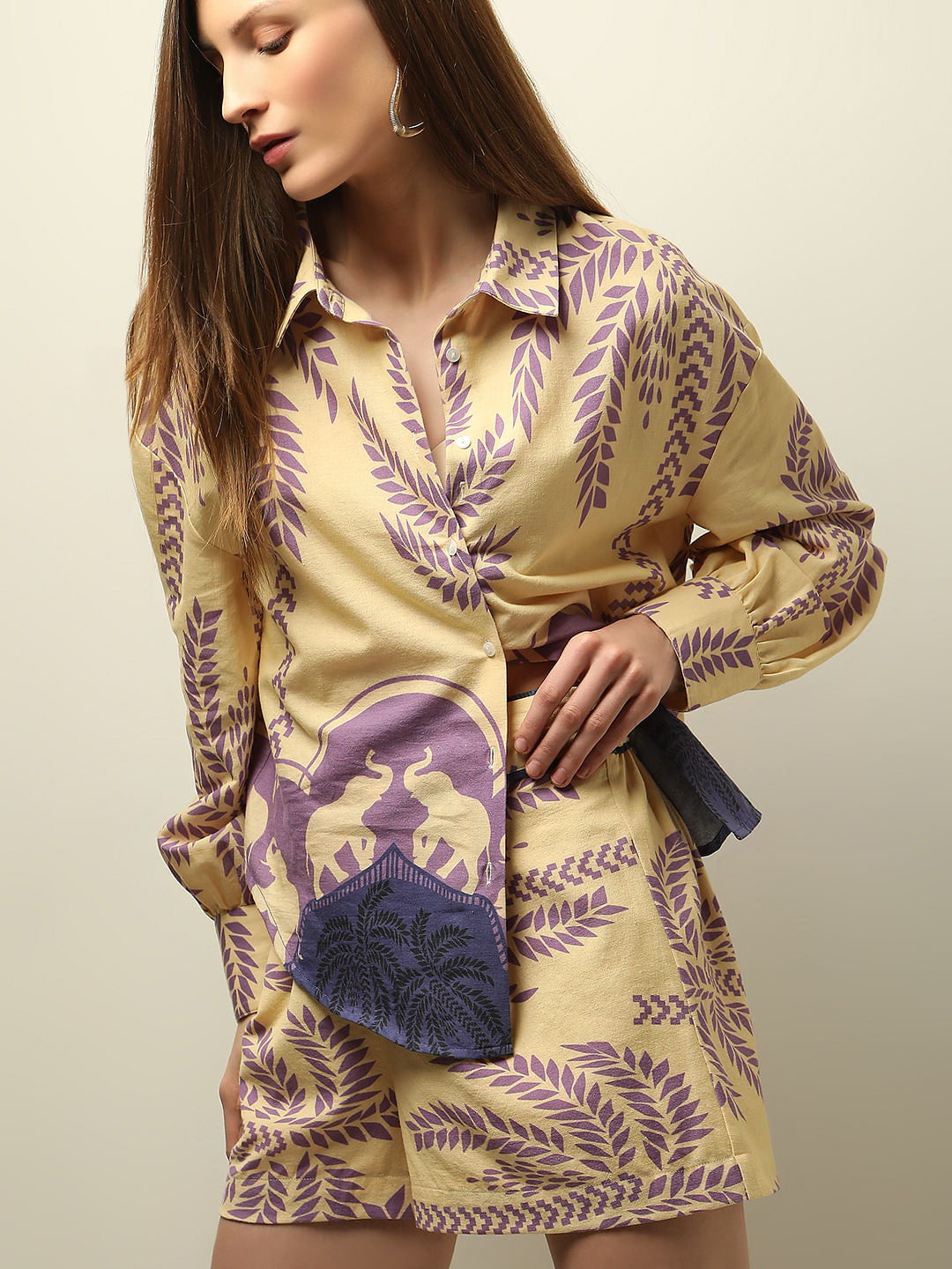 Beige Printed Co-Ord Set Shirt