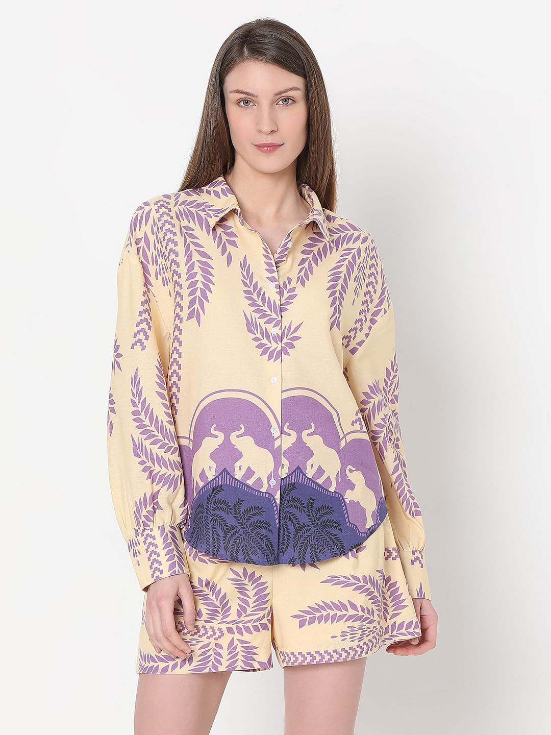Beige Printed Co-Ord Set Shirt
