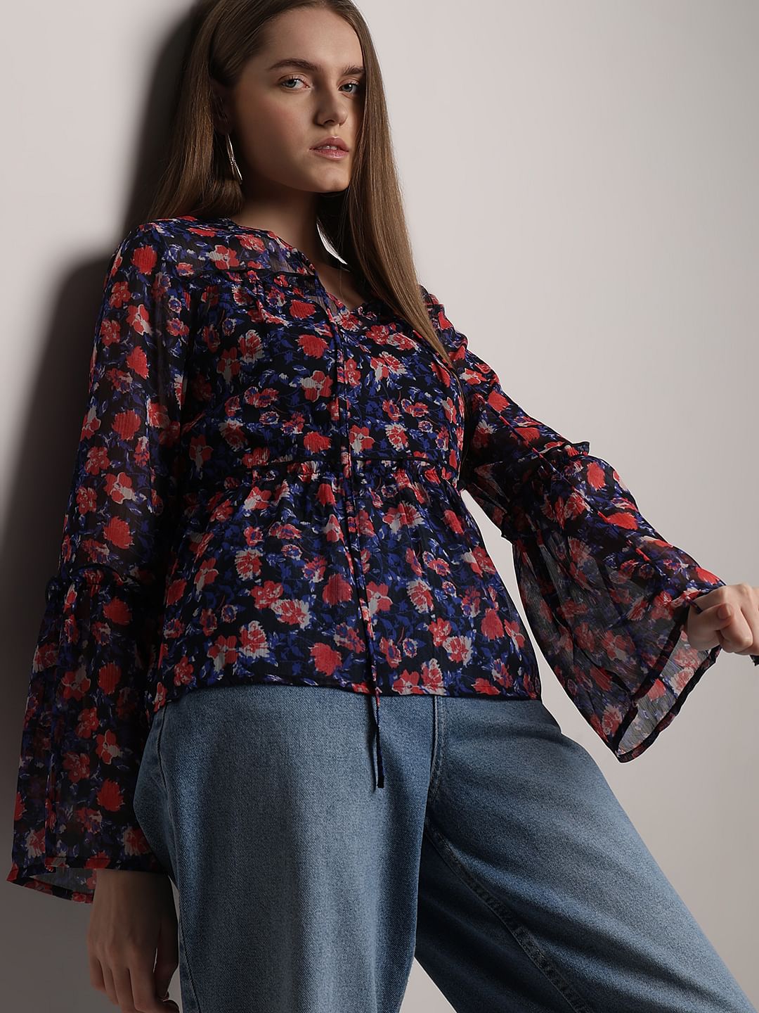 Dark Navy Floral Print Top