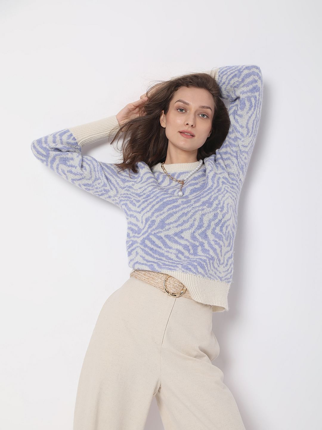 Beige Animal Print Jacquard Sweater