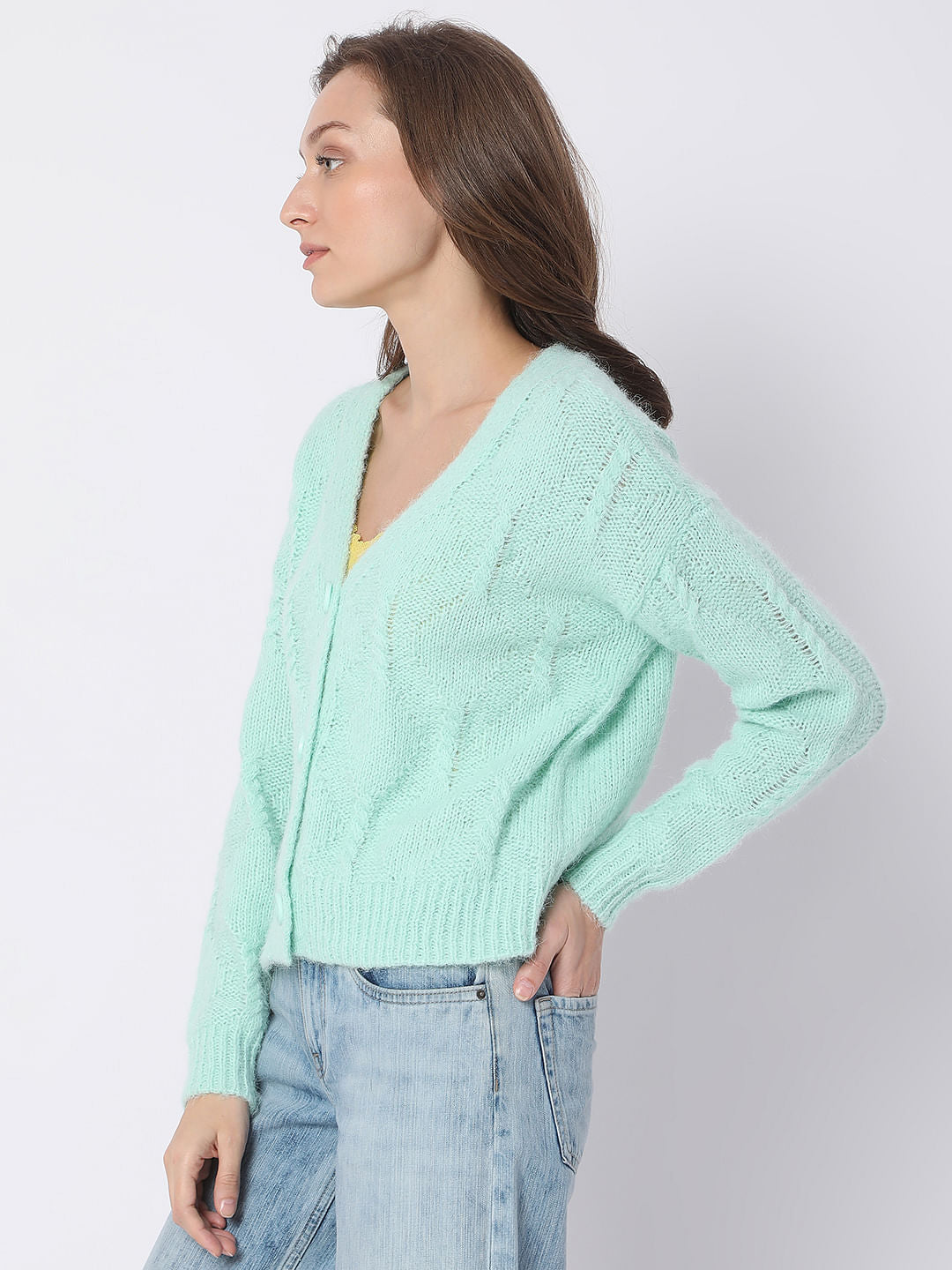 Green Front Open Cardigan