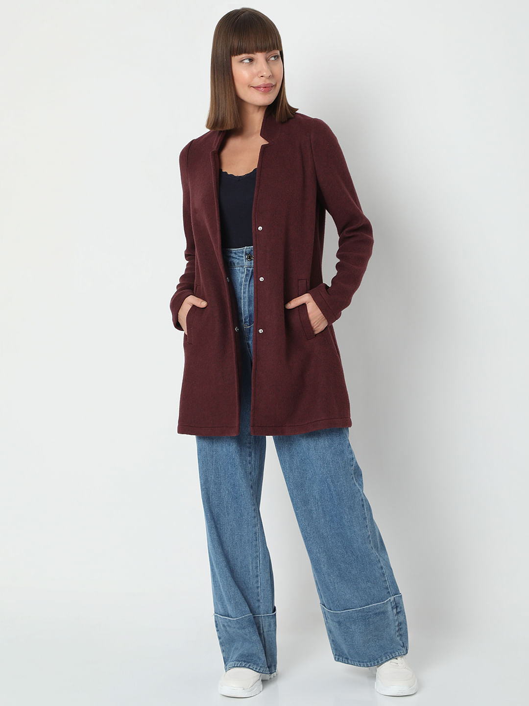 Burgundy Mandarin Collar Coat
