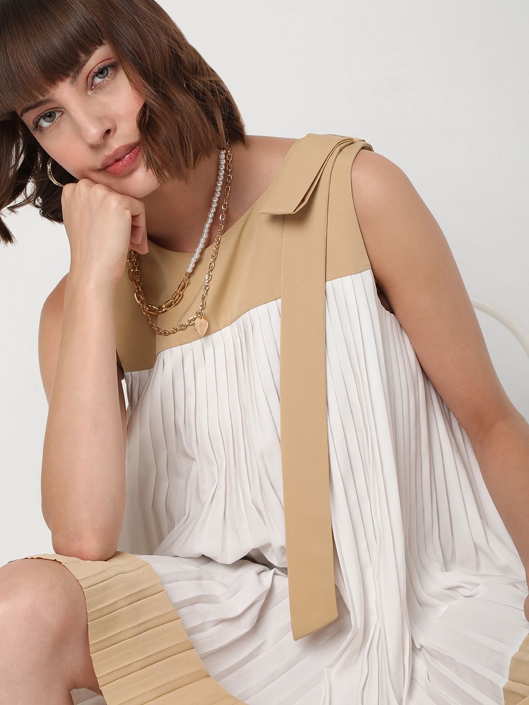 Beige Pleated Dress