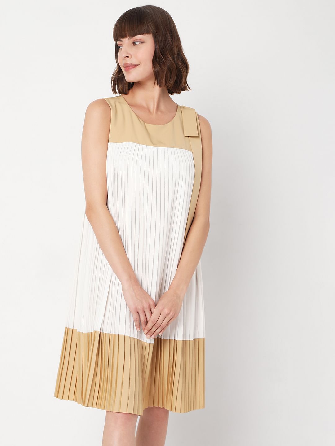 Beige Pleated Dress