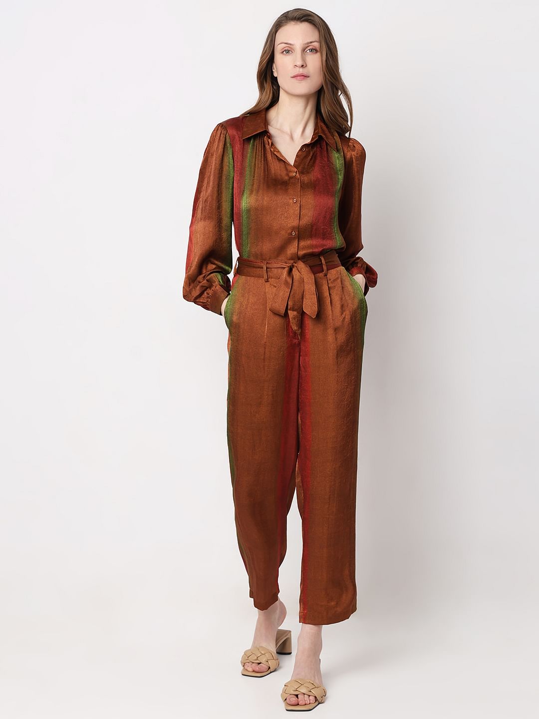 Brown Colourblocked Co-Ord Set Pants