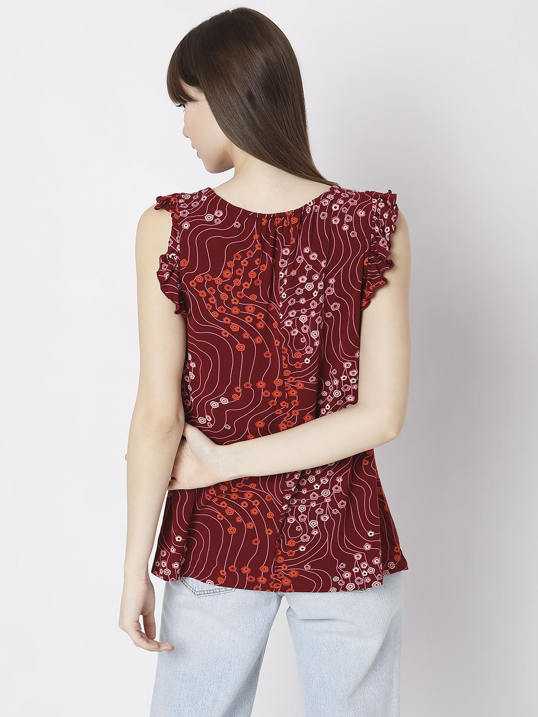 Red Printed Ruffle Detail Top
