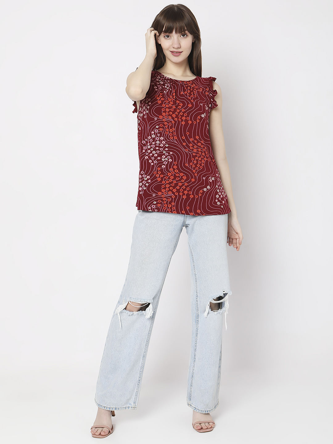 Red Printed Ruffle Detail Top