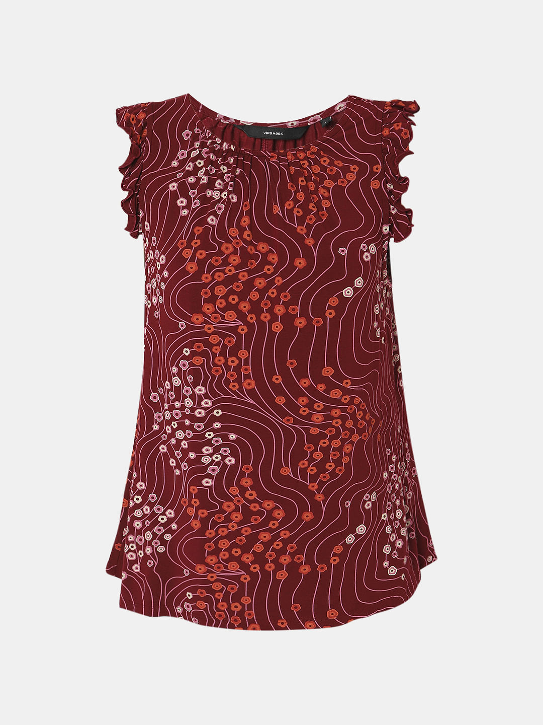 Red Printed Ruffle Detail Top