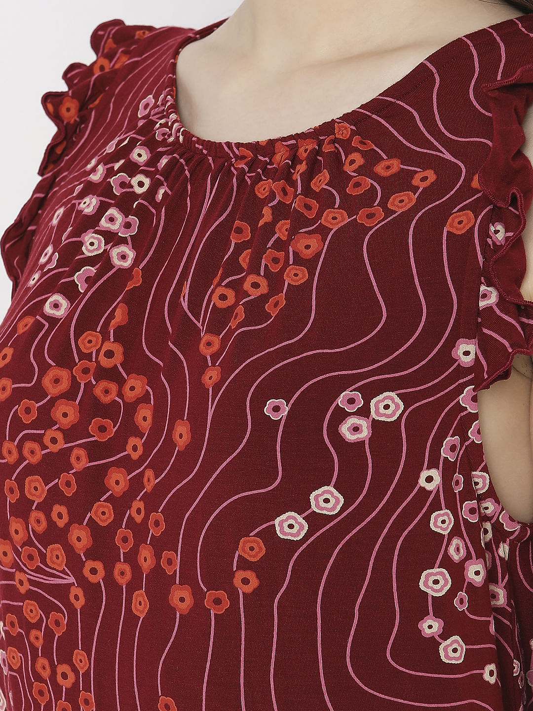 Red Printed Ruffle Detail Top