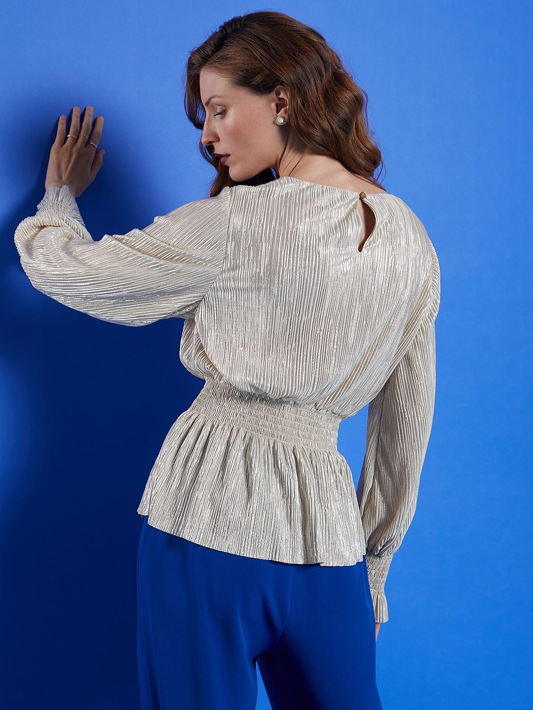 Marquee Beige Pleated Shimmer Top