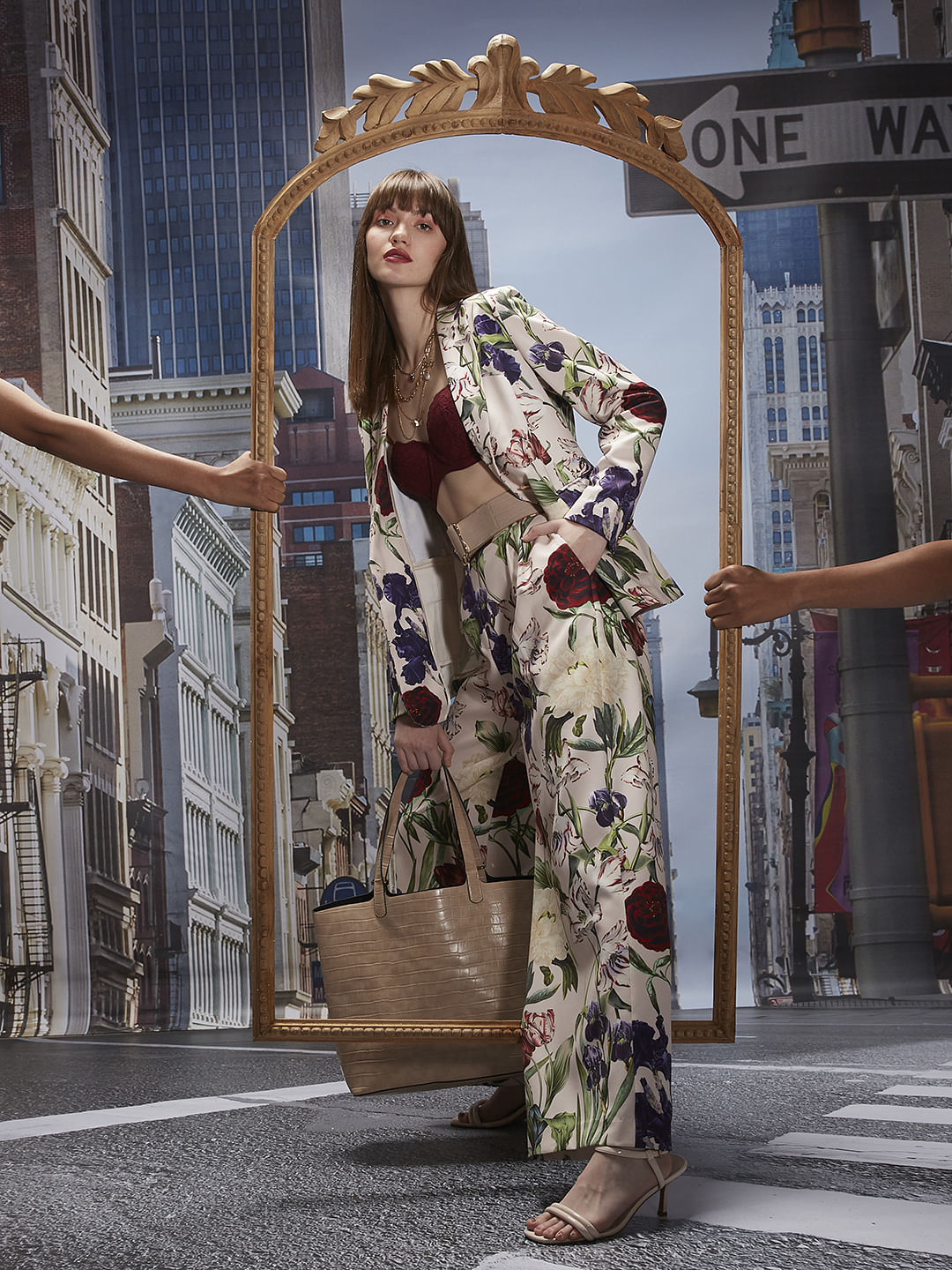 Marquee Beige Mid Rise Wide Leg Floral Pants