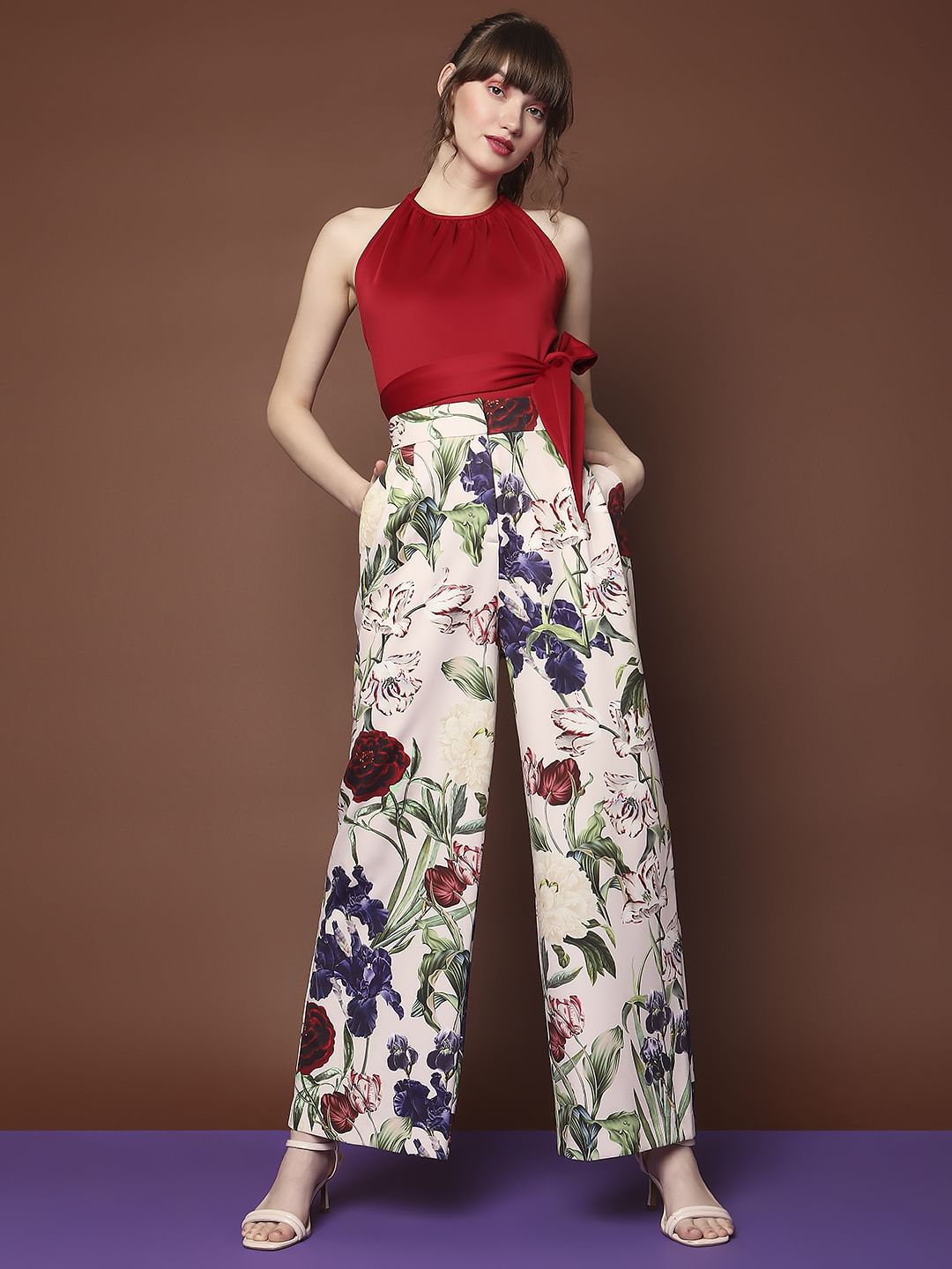 Marquee Beige Mid Rise Wide Leg Floral Pants
