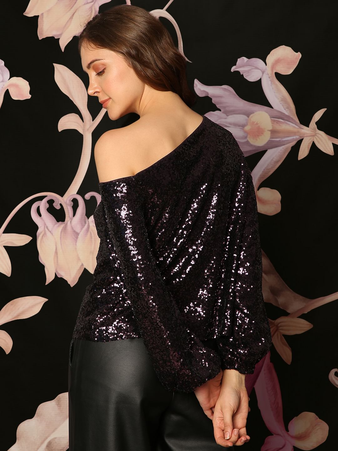 Marquee Deep Pink Sequin Detail One Shoulder Top