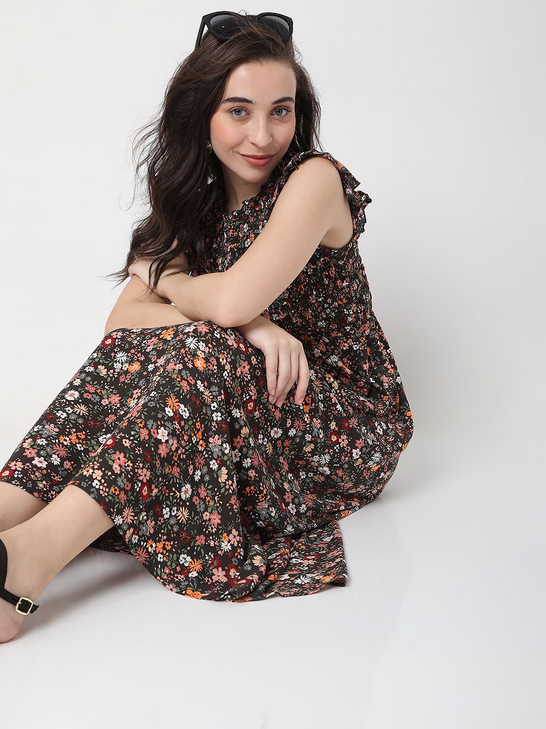 Multi-Coloured Floral Print Midi Dress