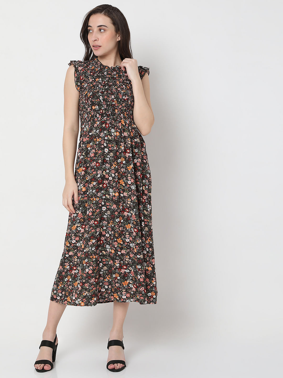 Multi-Coloured Floral Print Midi Dress