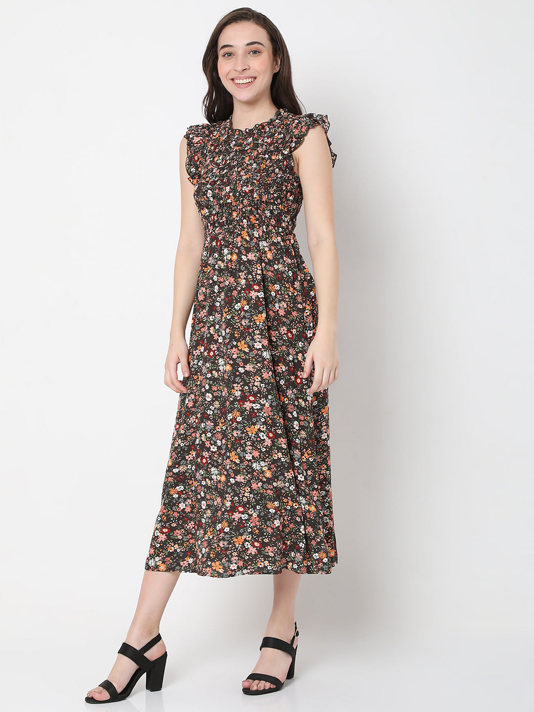 Multi-Coloured Floral Print Midi Dress
