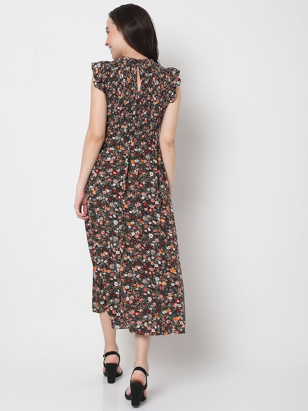 Multi-Coloured Floral Print Midi Dress